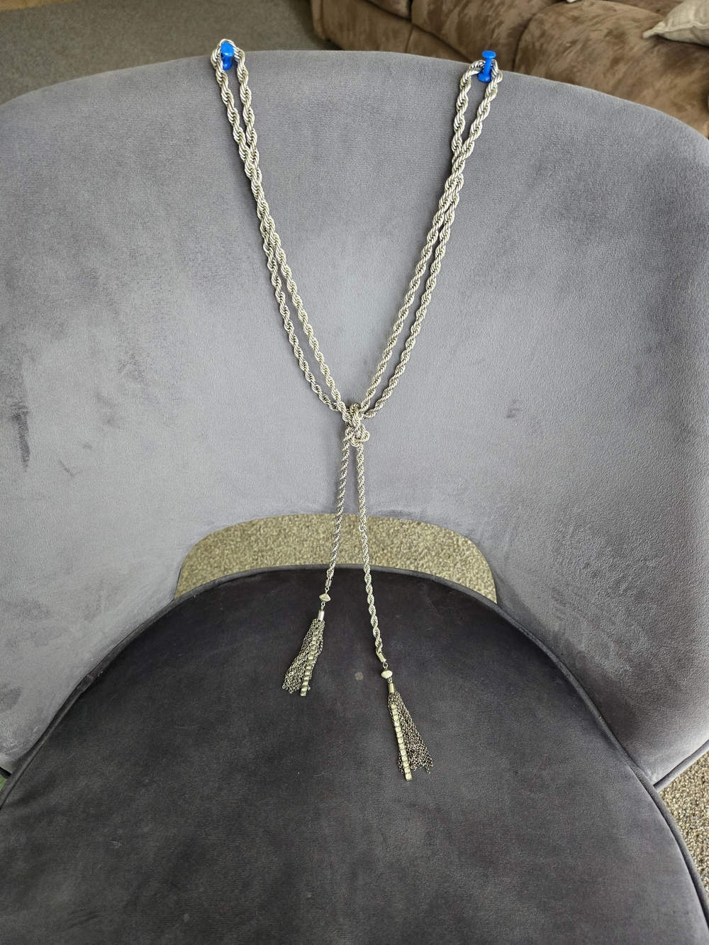 Vtg Silver Tone Rope Chain Lariat Necklace Belt Convertible Fringe Rhinestone